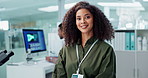 Woman, face and laboratory or research science or study for futuristic discovery, confidence or medicine. Female person, pharmacist and biotechnology or virus investigation, innovation or development