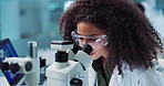 Laptop, woman or scientist in lab with microscope or research for chemistry report or medical test. Bacteria, person typing or science update for online medicine development or virus news on website