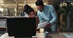 Computer, collaboration and documents with business people in office together for report or information. Teamwork, paper or development with man and woman in workplace at night for company strategy