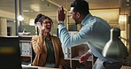 Computer, collaboration and high five with business people in office together for success or support. Teamwork, smile or celebration with excited man and woman in workplace at night for achievement