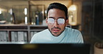 Businessman, night and computer for networking and glasses, reading report and working overtime. Asian male person, planning and research on internet, website and info for deadline on reflection