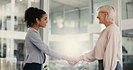 Smile, business women and handshake with manager for hiring, recruitment or thank you on lens flare. Ceo, shaking hands and deal for partnership, agreement and opportunity for collaboration in office