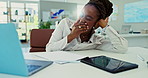 Laptop, bored and tired with business black woman at desk in office with fatigue or exhaustion from work. Computer, burnout or yawn and frustrated, unhappy or moody young employee in workplace