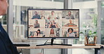 Business people, monitor and video call for virtual meeting, online conference or teamwork at office. Diversity, screen and employees talking for digital collaboration, presentation or social media