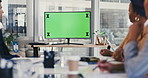 Business people, monitor and green screen for virtual meeting, seminar or online conference at office. Group of employees in team collaboration with chromakey display for presentation or mockup space