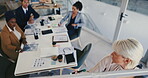 Woman, office and writing for strategy, planning or teamwork in boardroom from high angle. Female manager, marker and board in business meeting at work for presentation, discussion or collaboration