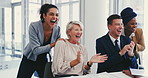 Excited, business people and applause in winning congratulations, promotion or teamwork at office. Happy group of employees clapping with smile for bonus, achievement or success together at workplace