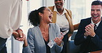 Business people, laughing and applause for award, winning or congratulations in teamwork at office. Excited group of employees clapping with smile in bonus, success or promotion together at workplace