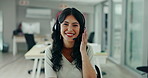 Face, video call and woman with telemarketing, business and customer service with headphones. Portrait, person and insurance consultant with headset, crm or technical support with advice or help desk