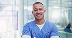 Happy man, nurse and professional in healthcare, confidence or career ambition at hospital. Portrait of male person or medical employee with smile for health advice, assistance or service at clinic