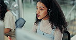 Call centre, explain or woman in headset talking for communication, support or customer service. Serious, virtual help and sales agent speaking for telemarketing, consultation or online assistance 