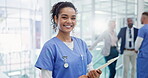 Happy, nurse and medical paperwork in hospital with results or report for insurance. Healthcare, planning and portrait of woman in clinic with documents, folder for doctor or nursing administration