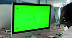 Virtual assistant, video call and woman on computer for green screen for communication or customer service. Research, mockup space or sales agent with telemarketing, consulting or tracking markers