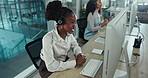 Happy, black woman and work in call center, office with technical support and communication to help with care. Contact us, online and talking with person in customer service and crm telemarketing