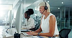 Call centre, talking and mature woman with computer for communication, support or customer service. Office, virtual help and sales agent speaking for telemarketing, consultation or online assistance 