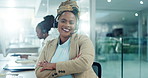 Happy, face or black woman in call centre with arms crossed for confidence or customer service. Portrait, virtual help or African sales agent ready for telemarketing, consulting or online assistance