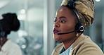 Help desk, consultant and black woman with telemarketing, advice and technical support with headphones. Business, African person or insurance agent with headset or customer service with advice or crm