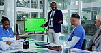 Man, speaker and green screen with nurses for presentation, meeting or collaboration at hospital. Male person or coach talking to medical employees or team for staff training on chromakey display