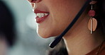 Face, lips and employee in call center, customer support and service in office. Closeup, mouth and professional, consultant or sales agent on microphone for conversation, telemarketing and help desk