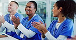 Surgeon, nurses and applause for teamwork for success, collaboration or goals at hospital clinic. Group of medical workers, praise or happy people clapping for health progress, target or good news