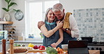 Old couple, hug and kitchen cooking or food recipe with tablet on counter with raw vegetables, health or meal. Man, woman and steal mushroom or funny in home or love or marriage, bonding or humor
