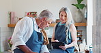 Old couple, cooking and tablet or online search in kitchen or planning for meal prepare, nutrition or dinner. Man, woman and internet recipe at stove or healthy lunch for retirement, bonding or food