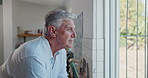 Person, look and window in kitchen thinking of life, mindfulness and retirement for old age. Mature people, memory and ideas for home improvement, mental health and day dreaming of vision for house