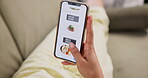 Woman, smartphone and screen with food for delivery, menu and decision on website in living room. Female person, technology and scroll on mobile app for ecommerce, shopping and dinner in home