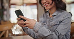 Hands, phone and woman in coffee shop networking on social media, mobile app or the internet. Contact, technology and closeup of female person typing online email or message with cellphone in cafe.