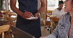 Cafe, waiter and writing customer menu order with notebook and feedback for restaurant in review on blog. Coffee shop, service and woman with remote work on social media and server check with info