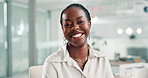 Business, face and black woman laughing on computer in office for crm, faq and schedule planning. Happy, portrait or Africa manager online with pc for client communication, consulting or networking