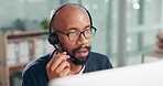 Business, telemarketing and help desk with black man, tech support and customer service in workplace. African person, employee or insurance agent with headset or advice with consultant or call center