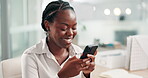 Businesswoman, phone and smile with typing for communication, networking and mobile chat in office. Black person, employee or smartphone with text message, happy or internet conversation at workplace
