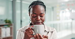 Businesswoman, coffee and thinking of smelling aroma in office, calm and peaceful drink for pondering. Black female person, professional and contemplating ideas or plan in workplace, tea and espresso