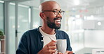 Business man, happy and coffee at work on break, office and warm beverage for inspiration on creative project. African person, designer or espresso for idea, productivity or aroma for energy in job