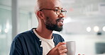 Business man, discussion and coffee at work on break, and warm beverage with office gossip in morning. African person, designer and relax with espresso for lunch, wellness and talking in workplace