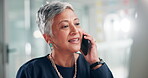 Businesswoman, phone call and happy with communication in office for networking, conversation or mobile chat. Mature person, employee or smartphone with discussion, talking or consulting in workplace