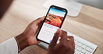 Person, hands and scroll phone with travel, information and research online for vacation. Smartphone, search and user reading communication about holiday resort, hotel and booking closeup on screen