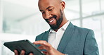 Businessman, tablet and typing for social media, communication or research at office. Happy, black man or employee with technology for online search, networking or browsing and scroll at workplace