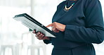 Business woman, tablet and hands typing for research, social media or communication at office.  Closeup of female person or employee with technology for online search, app or networking at workplace