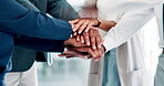 Hands, unity and business people stack in solidarity in office, coworkers and support in collaboration. Teamwork, clapping and applause for success in meeting, agreement and partnership in workplace