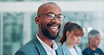 Face, business and happy black man in office, company and workplace for career. Portrait, employee and professional agent in glasses, consultant or African entrepreneur laugh at meeting for coworking