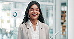 Face, smile and business woman in workplace, company or office for career. Portrait, employee and happy professional, entrepreneur and female financial analyst laughing in suit in Brazil for job