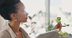 Thinking, plants and woman with a tablet, nature and quality assurance with nature and social media. Person, researcher or girl with tech or agriculture with sustainability and inspection with growth