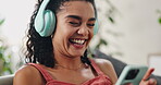 Woman, headphones and cellphone or laughing at podcast humor for online entertainment, audio or streaming. Female person, happy and smartphone or funny joke for listening sound, subscription or app