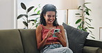 Happy, laugh and woman with phone on a sofa for funny social media, meme or gif chat communication at home. Smartphone, search or lady person in living room with app for comic, joke or online dating