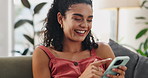 Scroll, phone and woman in home laugh at meme, funny post or girl relax on sofa with social media. Reading, ebook and person smile with happiness from internet, communication and online streaming