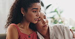 Friends, talking and hug for comfort in home, divorce or breakup with touch for care on weekend. Women, communication and embrace on couch with support, empathy and listening ear for mental health