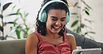 Woman, headphones and tablet or laughing at podcast humor for online entertainment, movie or streaming. Female person, happy and comedy film or funny joke for listening sound, subscription or app