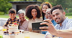 Selfie, family and birthday in backyard with happy, social media and grandparents outdoor. Home, smile and table with celebration and party cake in garden with parents and kids with love and food